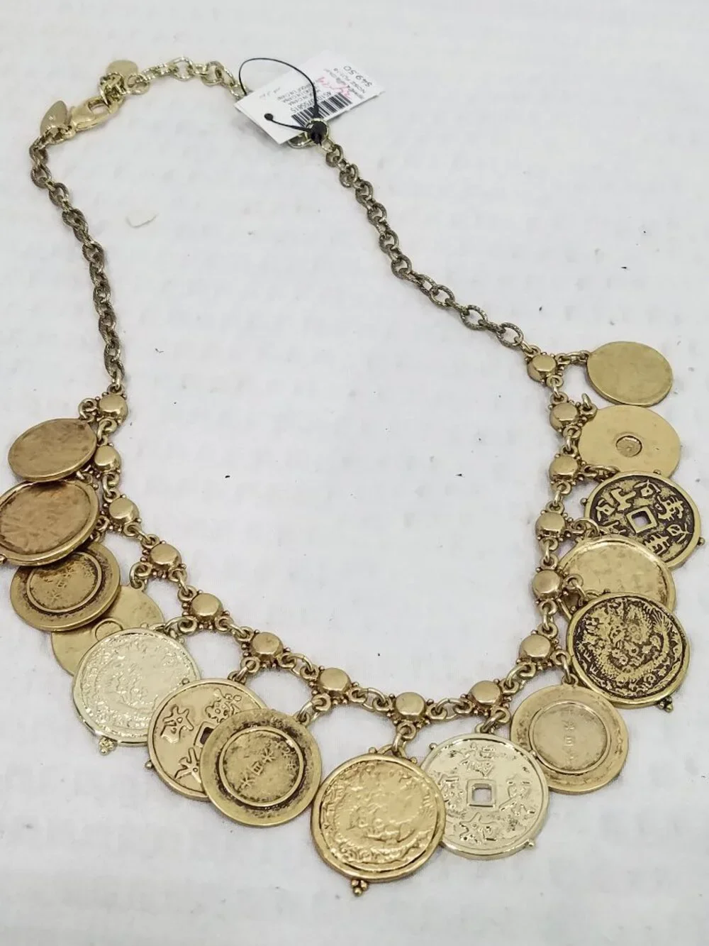 Vintage Signed Chico's Gypsy Style Gold Tone Asian Coins Bib Choker Necklace - Picture 3 of 5